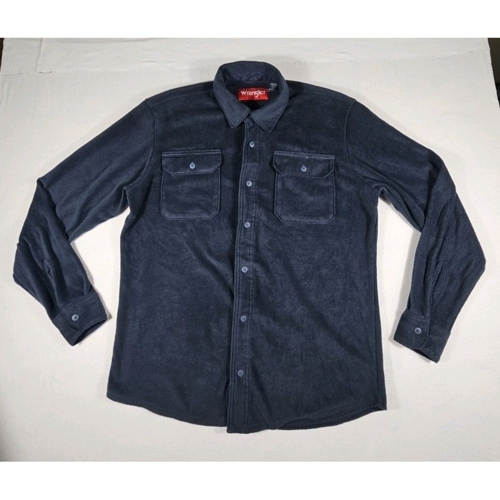 Wrangler Men's Fleece Shirt Medium Navy Blue Long Sleeve Button Up